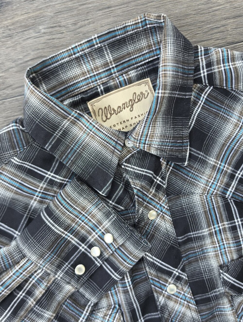 Wrangler Men's Pearl Snap Shirt Long Sleeve Western Blue Black Plaid Size M